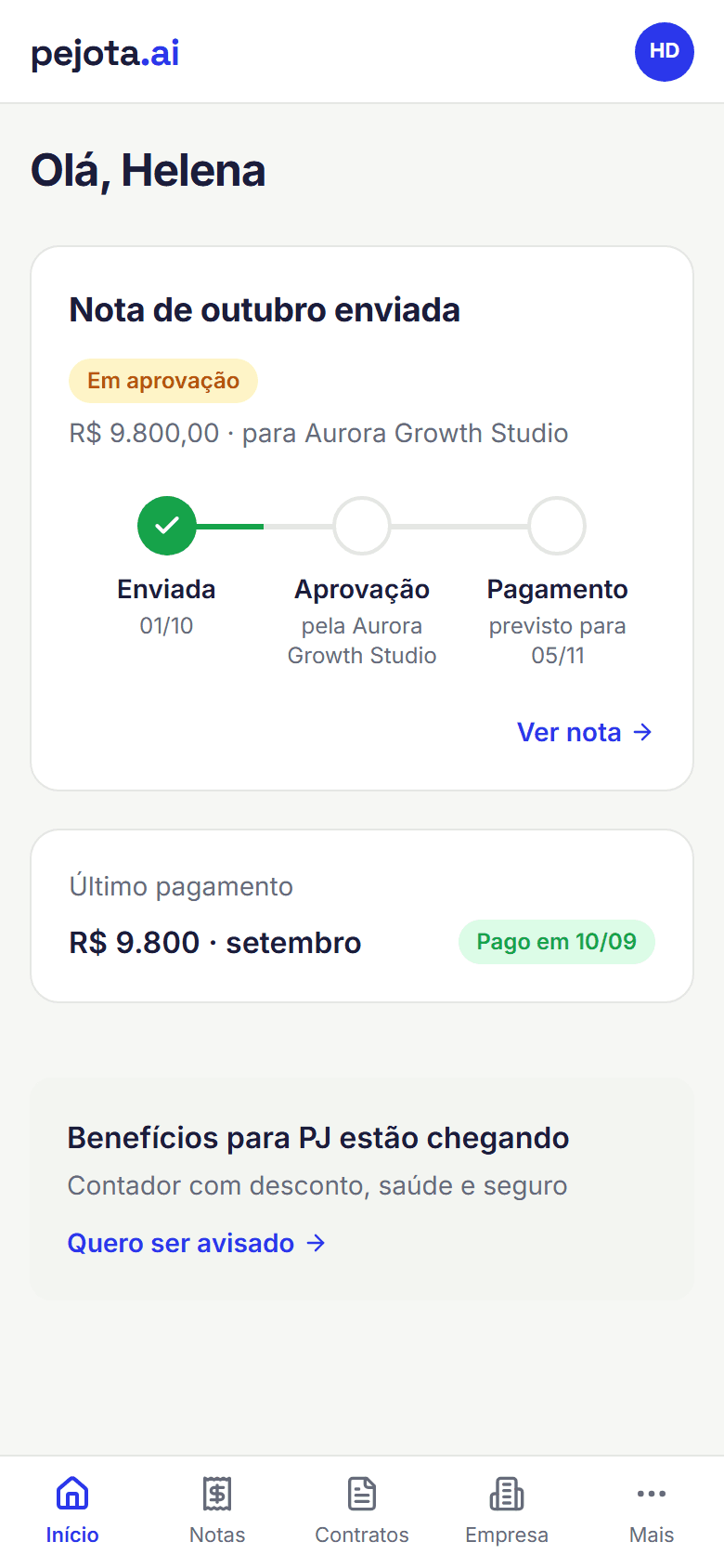 Início do portal do PJ no celular: nota de outubro enviada, em aprovação