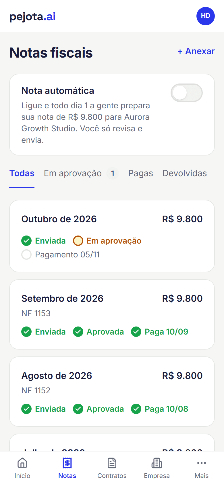 Notas fiscais no portal do PJ, no celular, com a nota automática